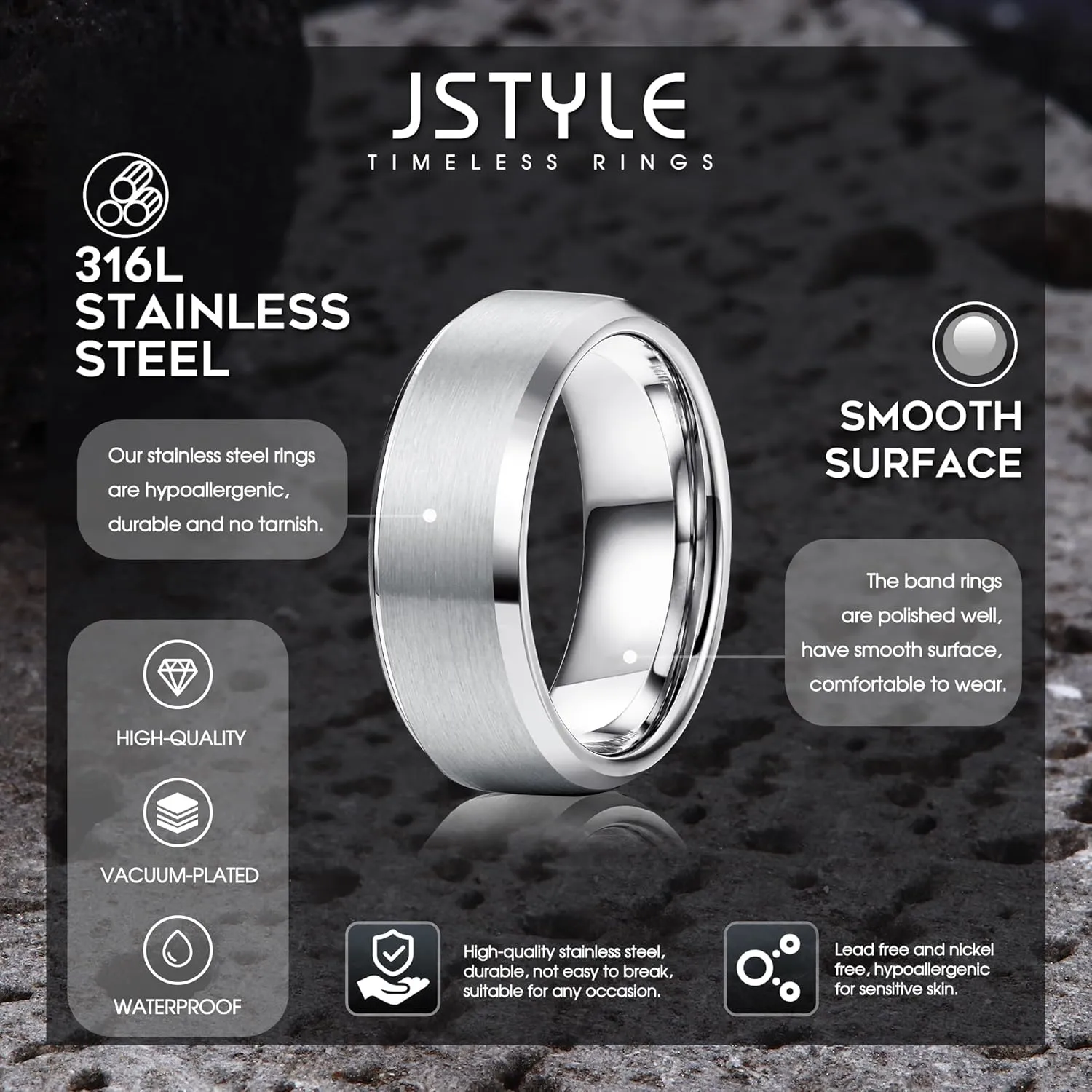Jstyle Stainless Steel Rings for Men Wedding Ring Cool Simple Band 8MM Width 3 Pcs A Set