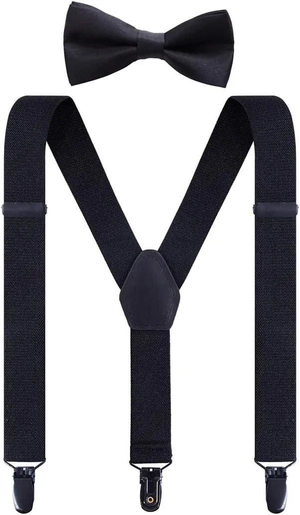 Kids Suspenders and Bow Tie Set, Adjustable Elastic Y Back with Metal Clips Suspender for Boys