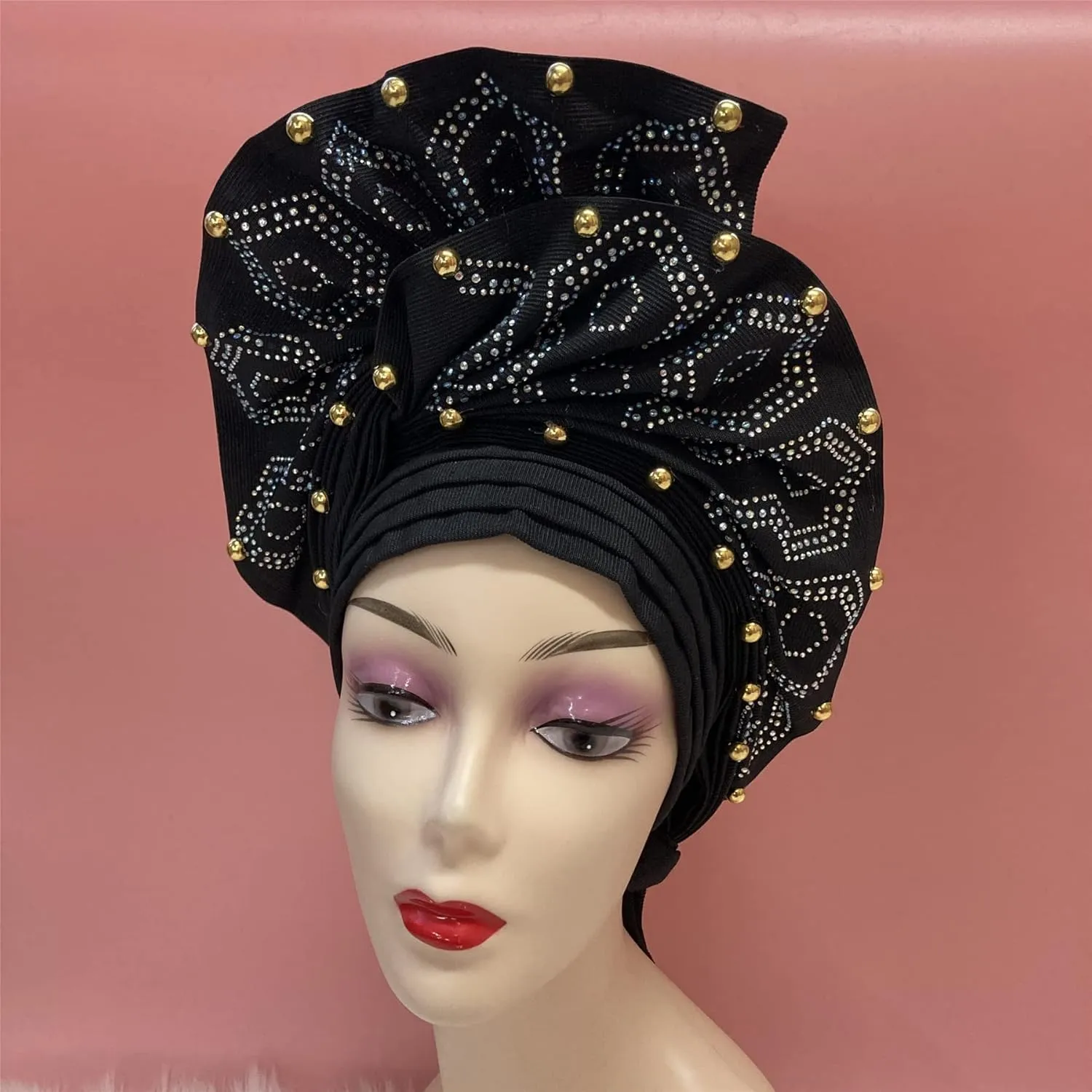 Luxury Nigerian Headtie Already Made African Headtie Women Headbands Head Wrap Headties Femme Headscarf Headgear Sewing Fabric For Party (Black)