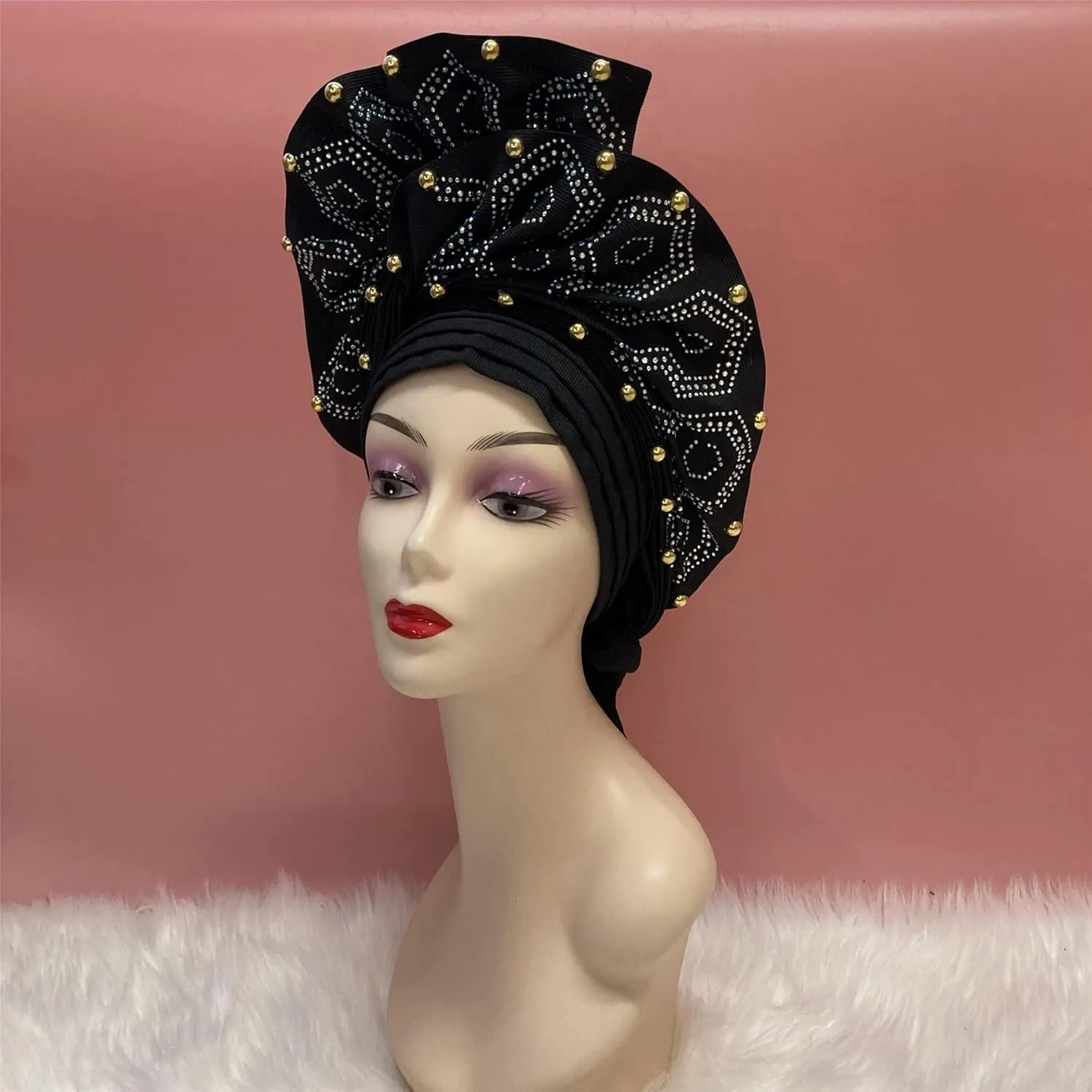 Luxury Nigerian Headtie Already Made African Headtie Women Headbands Head Wrap Headties Femme Headscarf Headgear Sewing Fabric For Party (Black)