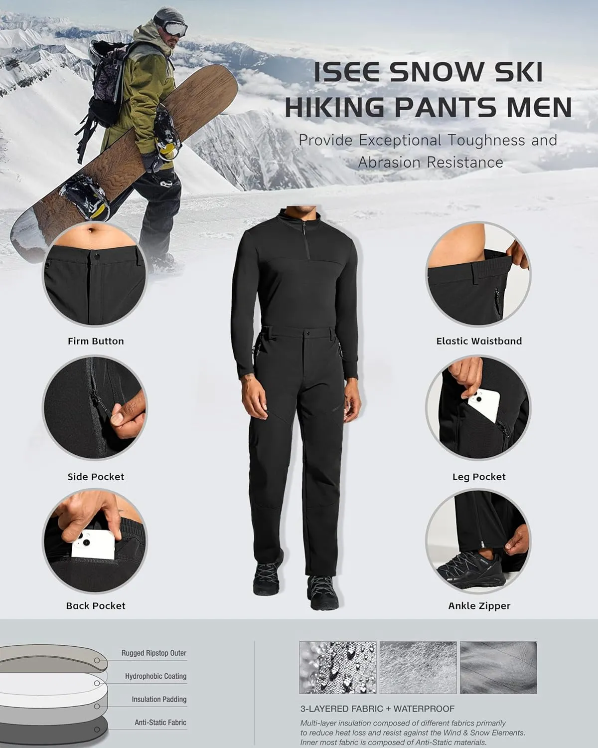 Mens Snow Ski Hiking Pants Winter Fleece Lined Outdoor Waterproof Insulated Zipper Bottom Leg