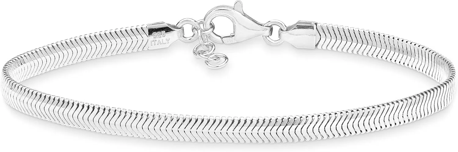 Miabella Italian Solid 925 Sterling Silver 18Kt Gold Plated 4mm Domed Herringbone Snake Chain Link Bracelet for Women Men, Made in Italy