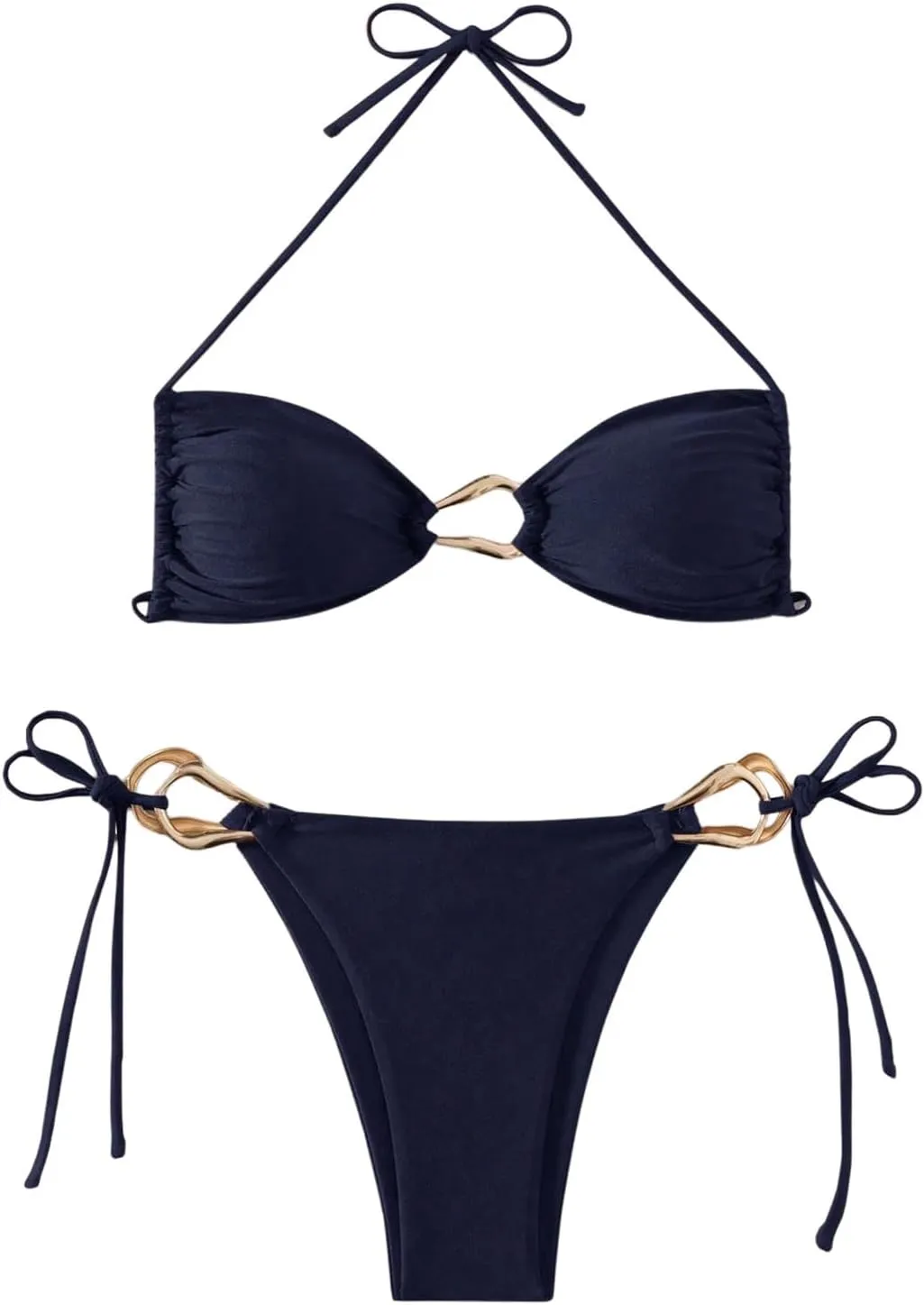 Milumia Women's 2 Piece Swimsuit Ring Linked Tie String Halter Thong Bikini Set Bathing Suits