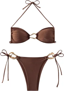 Milumia Women's 2 Piece Swimsuit Ring Linked Tie String Halter Thong Bikini Set Bathing Suits