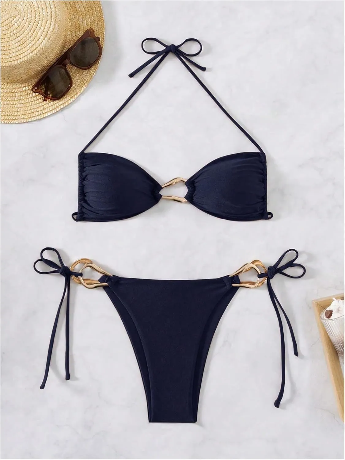 Milumia Women's 2 Piece Swimsuit Ring Linked Tie String Halter Thong Bikini Set Bathing Suits