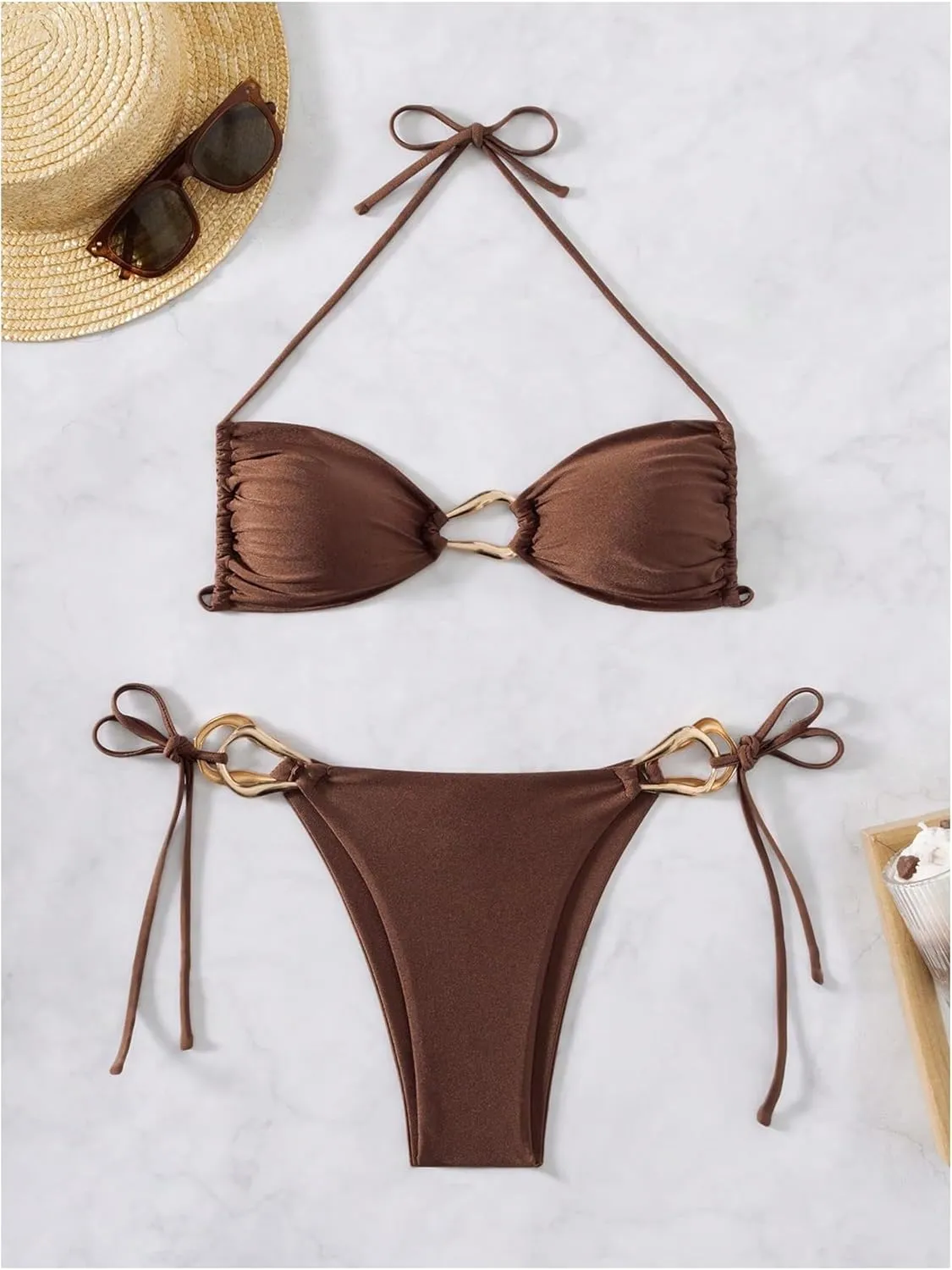 Milumia Women's 2 Piece Swimsuit Ring Linked Tie String Halter Thong Bikini Set Bathing Suits