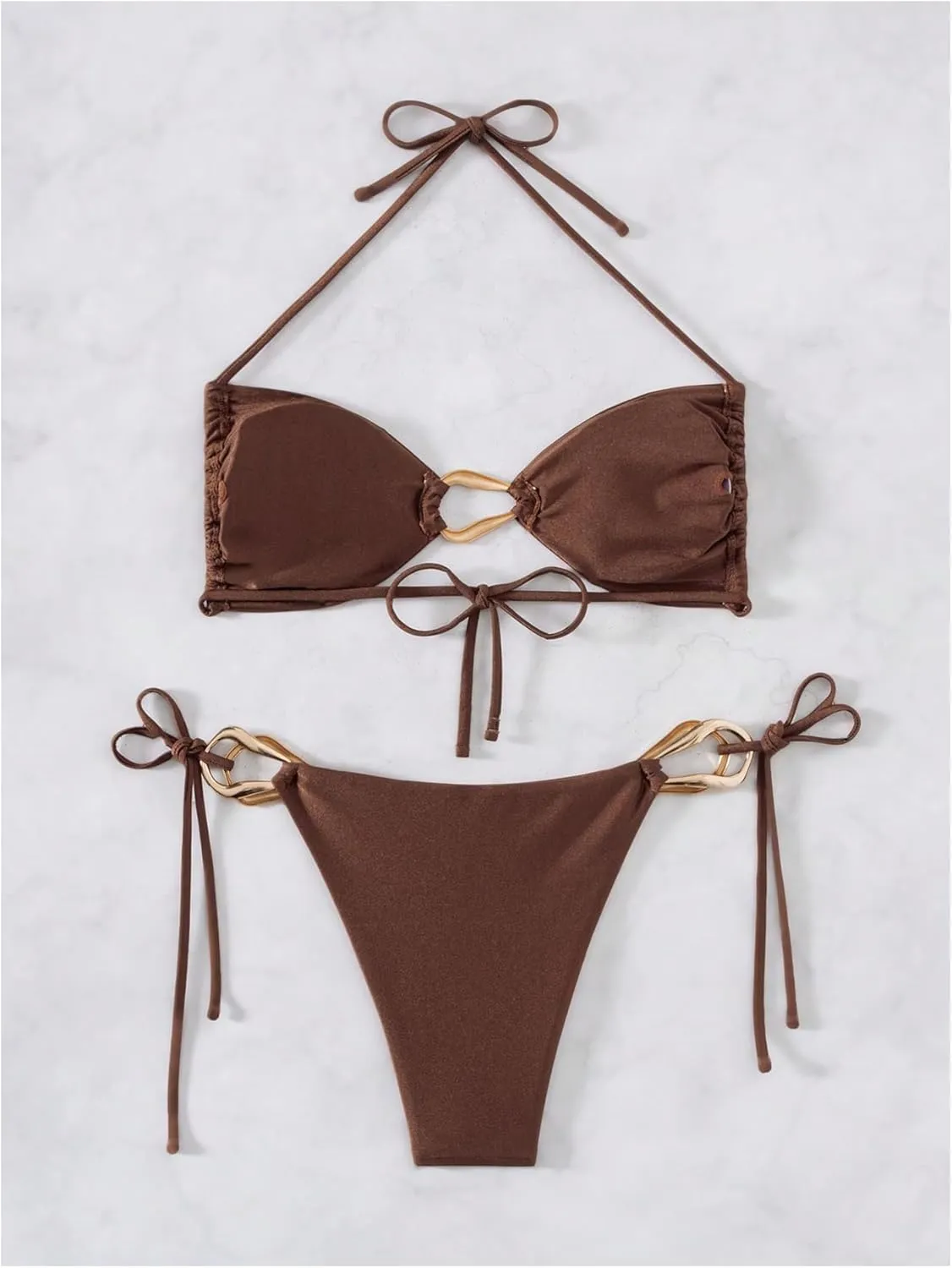Milumia Women's 2 Piece Swimsuit Ring Linked Tie String Halter Thong Bikini Set Bathing Suits