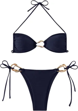 Milumia Women's 2 Piece Swimsuit Ring Linked Tie String Halter Thong Bikini Set Bathing Suits