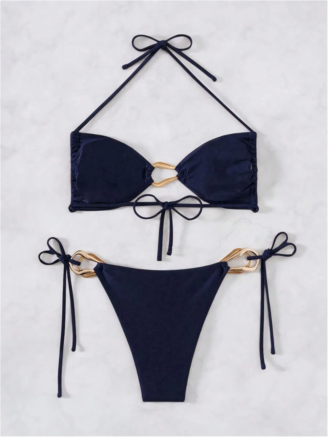 Milumia Women's 2 Piece Swimsuit Ring Linked Tie String Halter Thong Bikini Set Bathing Suits