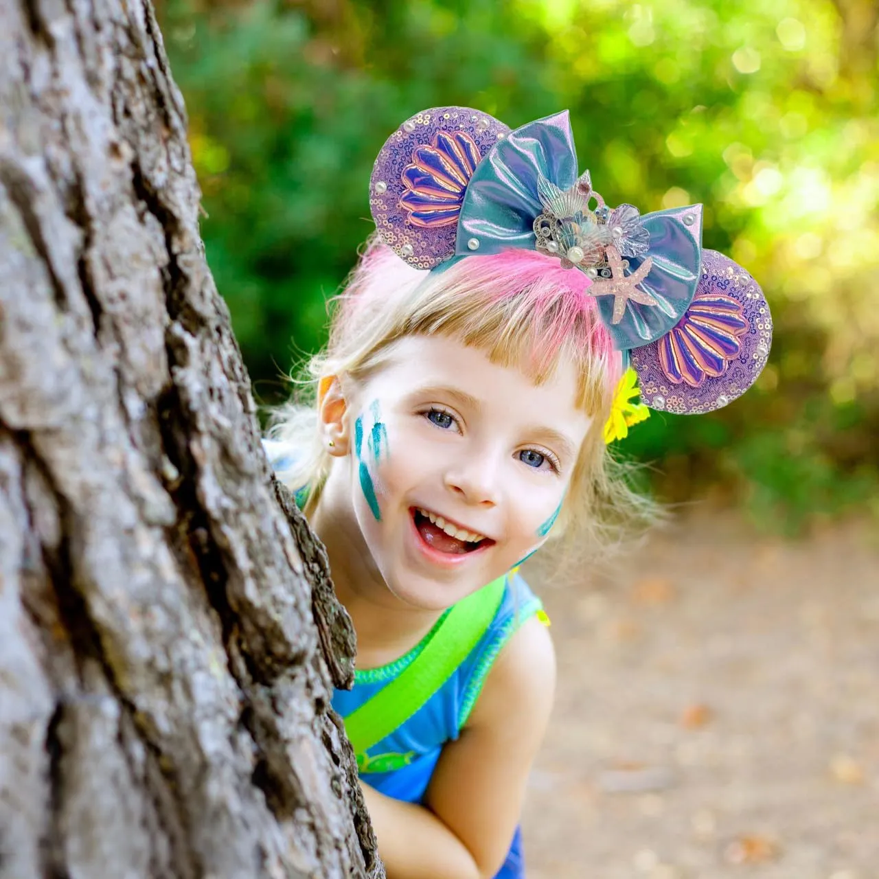 Mouse Ears Headbands With Shiny Sequins & Diamonds & Shell & Pearl Decoration, for Girls Disneyland Wearing Costume Cosplay Glitter Party, Purple Blue; HYZL