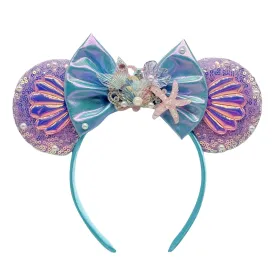 Mouse Ears Headbands With Shiny Sequins & Diamonds & Shell & Pearl Decoration, for Girls Disneyland Wearing Costume Cosplay Glitter Party, Purple Blue; HYZL