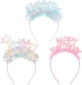 OAOLEER 3PCS Happy Birthday Headband for Girls Women, Pink White Girl Headband Party Crown Tiara Hair Accessories for Birthday Decorations