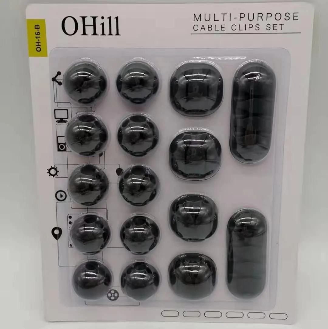 OHill 16-Pack Black Cord Organizer - Adhesive Cable Clips Holder for Desk, Wall, Car - Wire Management Clips for iPhone Charger, USB, Computer Cables - No-Slip Cord Keepers with Strong Sticky Backing