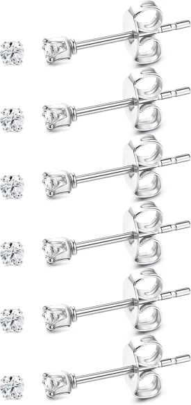 ORAZIO 6 Pairs Tiny 2mm Stainless Steel Stud Earrings For Mens Womens CZ Round Ball Cartilage Earrings Set