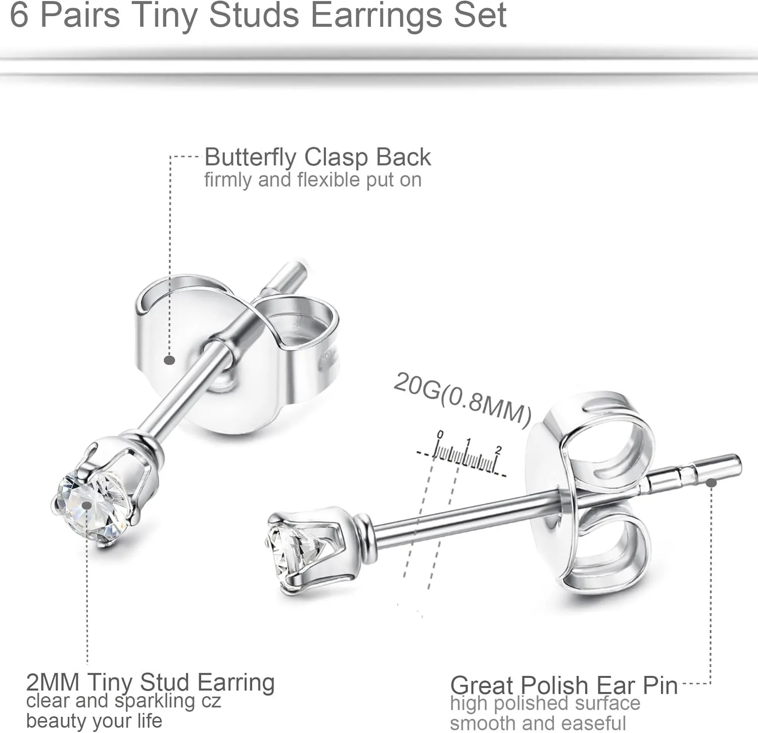 ORAZIO 6 Pairs Tiny 2mm Stainless Steel Stud Earrings For Mens Womens CZ Round Ball Cartilage Earrings Set