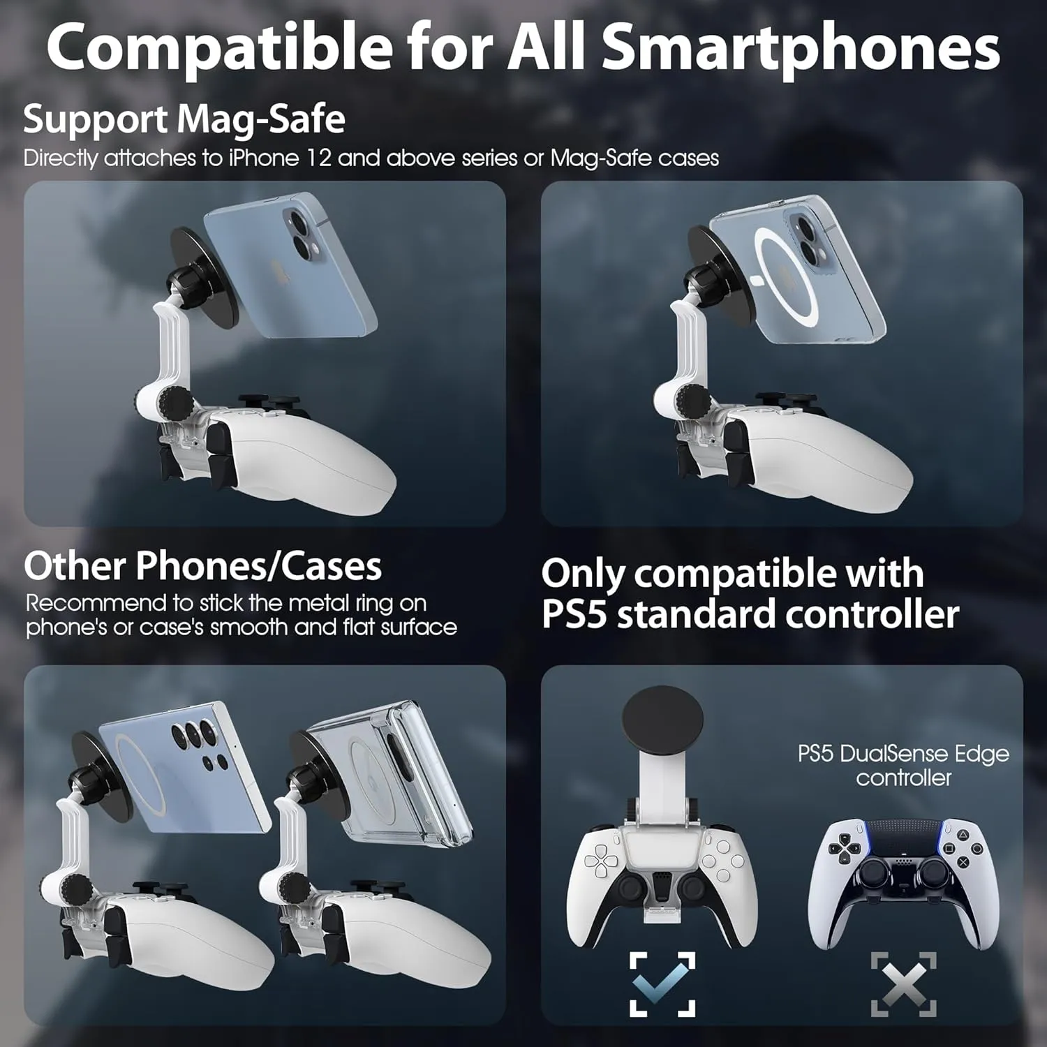 Orzero Magnetic Controller Phone Mount Clip compatible for PS5 Dualsense Controller, Adjustable Mag-Safe holder Accessories for iPhone and Android Phones Remote Stream Gaming - Black