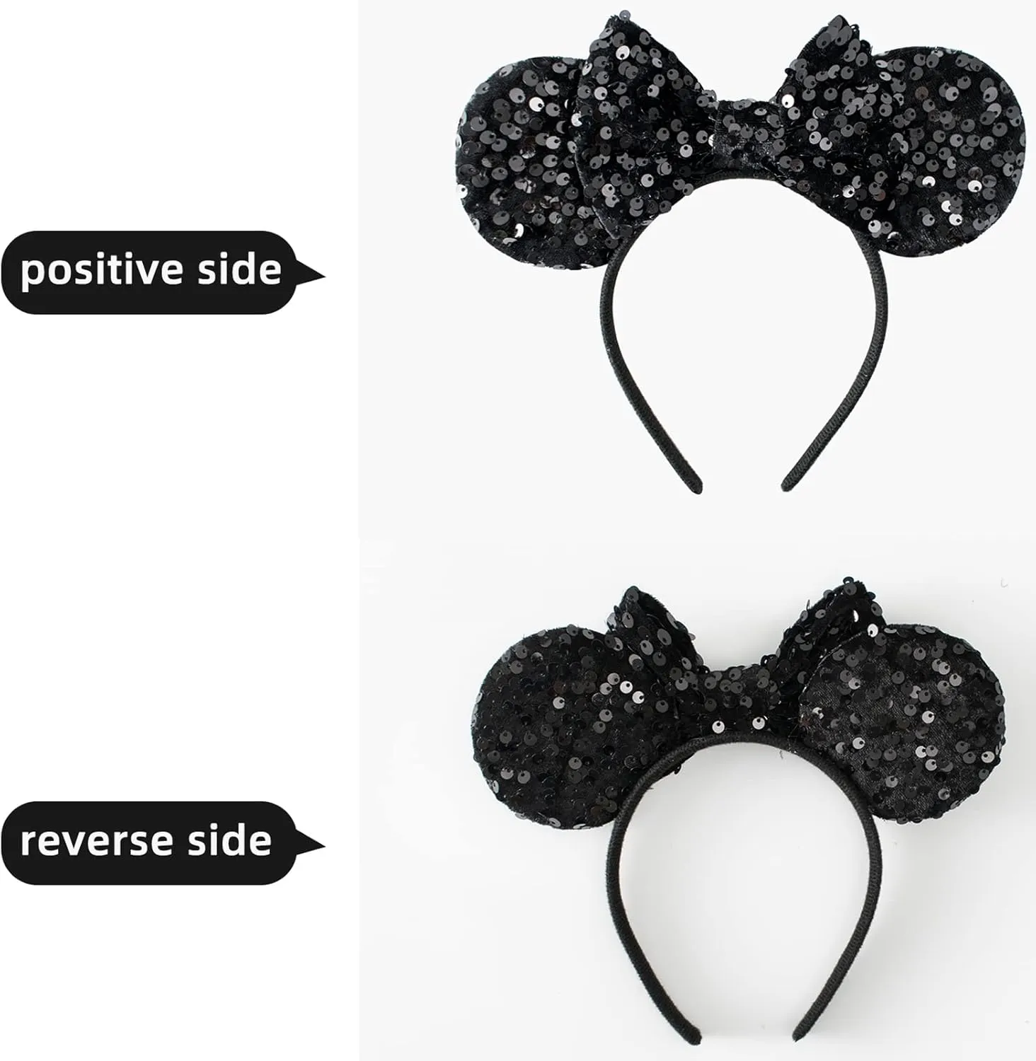 Pearl Mouse Ears Bow Headbands for Girls Kids Sparkle Hair Band Ear Headband Party Princess Trip Cosplay Costume Decor (Black Sequin)