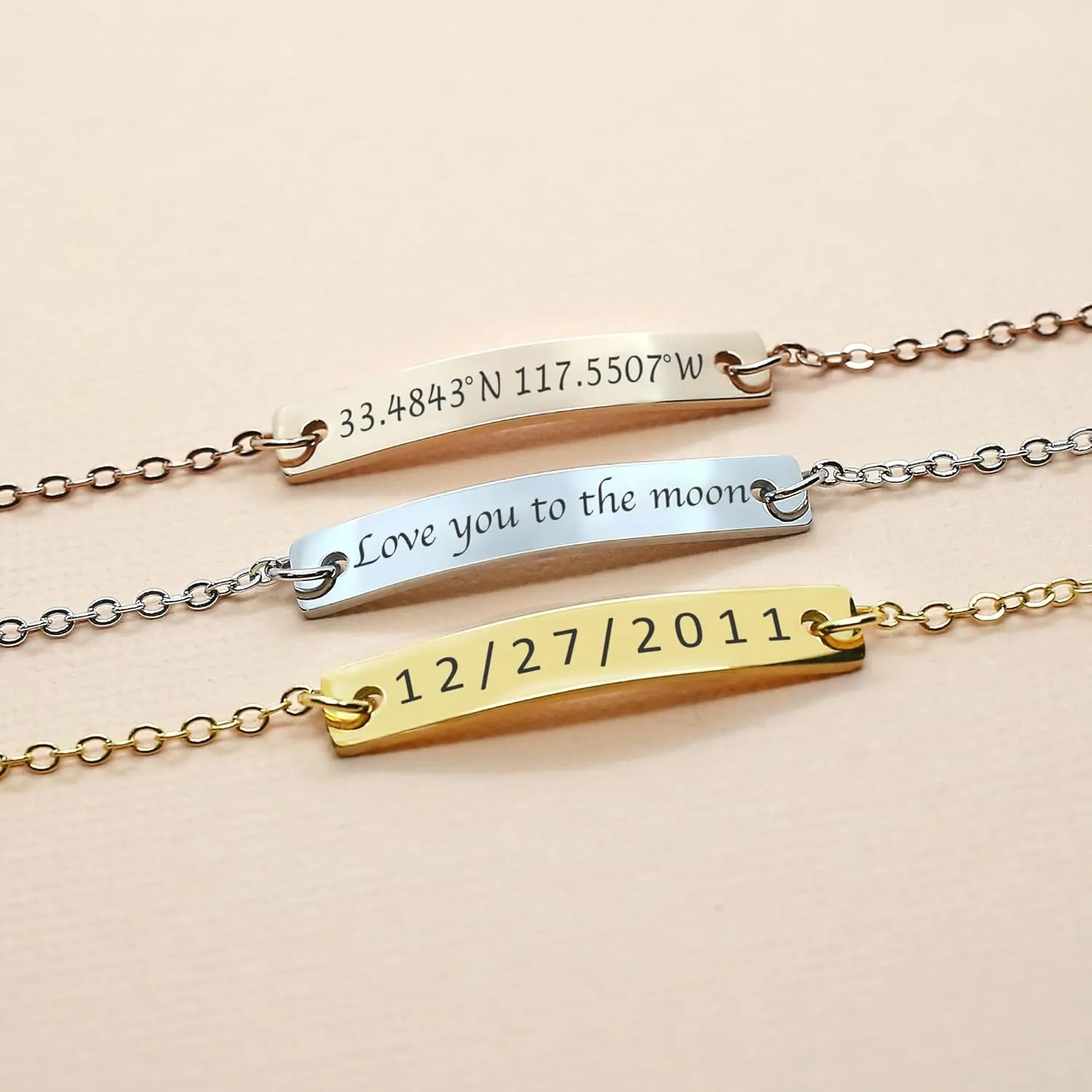 Personalized Name Bar Bracelet Engraved Coordinates & Dates- Couples Jewelry Hand Crafted Graduation, Sorority, Wedding Mom Sister BFF Eco friendly Gift Idea Bridesmaid (Gold color)