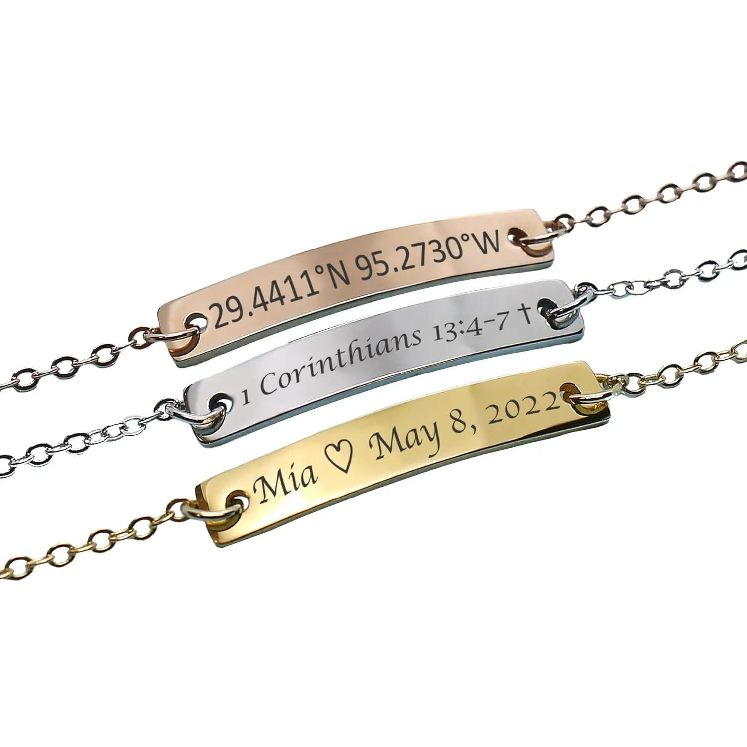 Personalized Name Bar Bracelet Engraved Coordinates & Dates- Couples Jewelry Hand Crafted Graduation, Sorority, Wedding Mom Sister BFF Eco friendly Gift Idea Bridesmaid (Gold color)