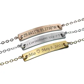 Personalized Name Bar Bracelet Engraved Coordinates & Dates- Couples Jewelry Hand Crafted Graduation, Sorority, Wedding Mom Sister BFF Eco friendly Gift Idea Bridesmaid (Gold color)