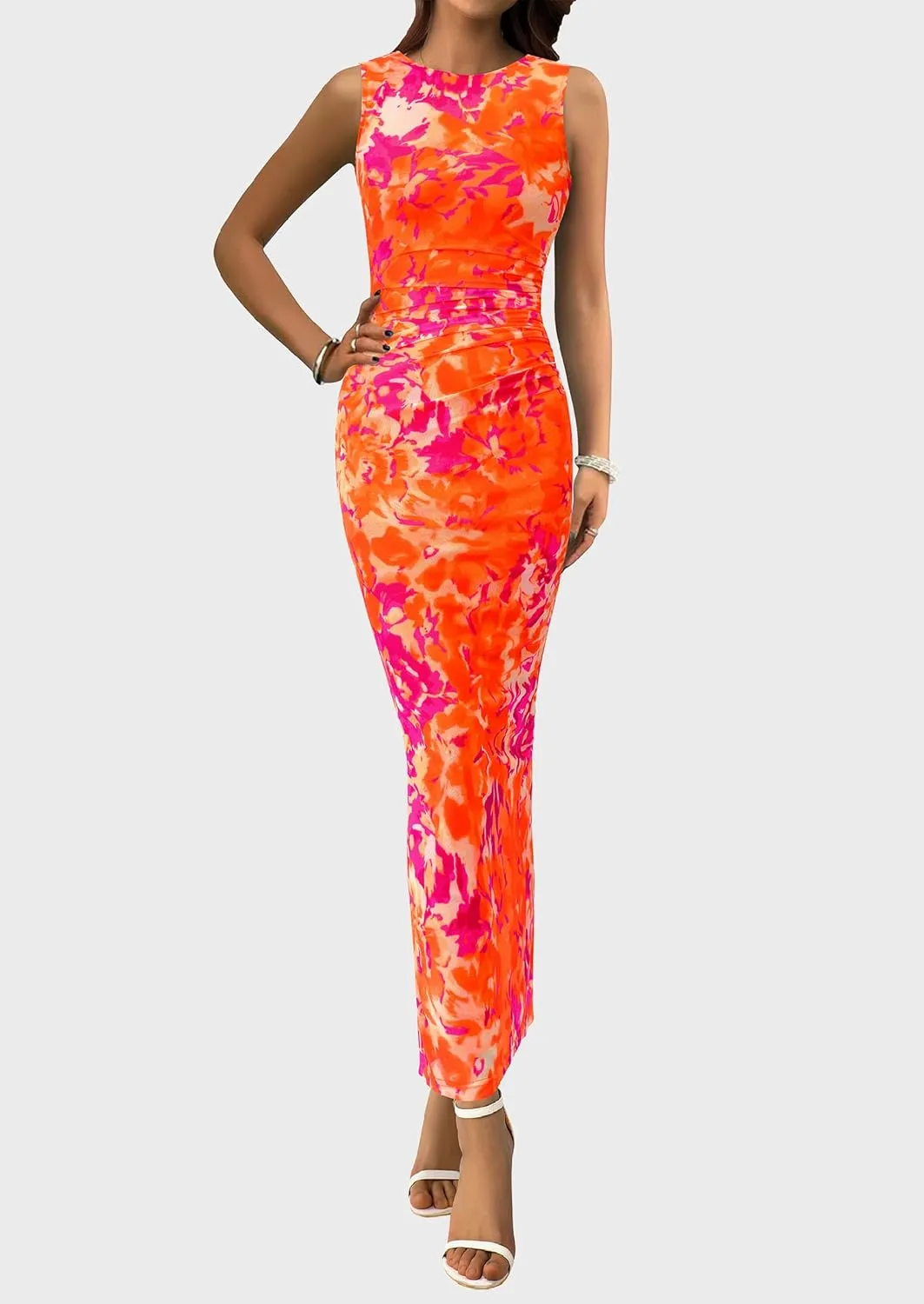 PRETTYGARDEN Wedding Guest Dresses for Women 2025 Summer Spring Floral Bodycon Sleeveless Mesh Maxi Long Dress
