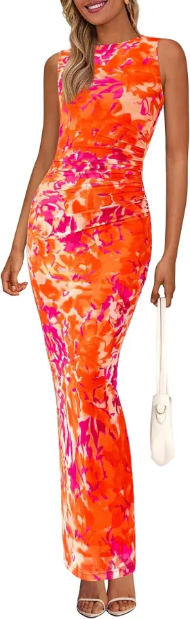 PRETTYGARDEN Wedding Guest Dresses for Women 2025 Summer Spring Floral Bodycon Sleeveless Mesh Maxi Long Dress