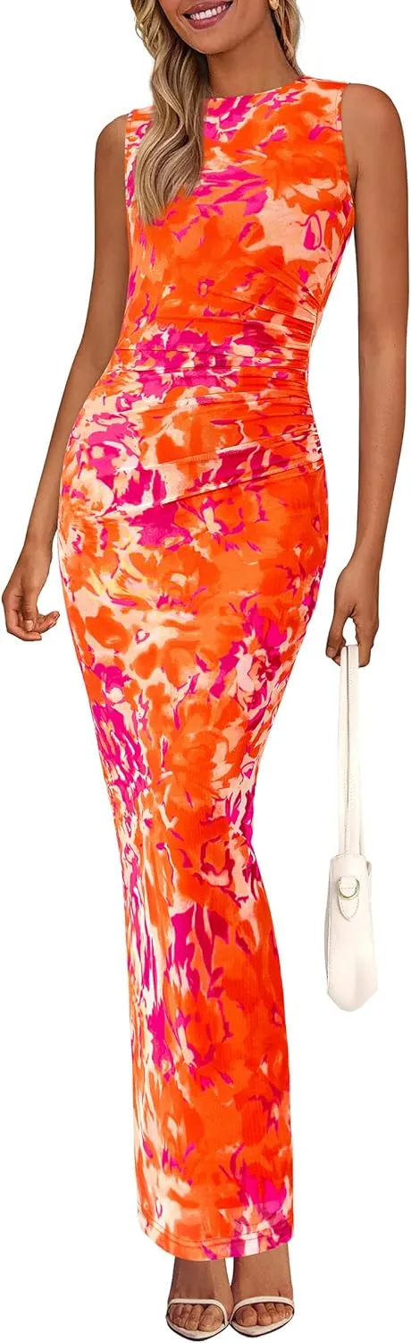 PRETTYGARDEN Wedding Guest Dresses for Women 2025 Summer Spring Floral Bodycon Sleeveless Mesh Maxi Long Dress
