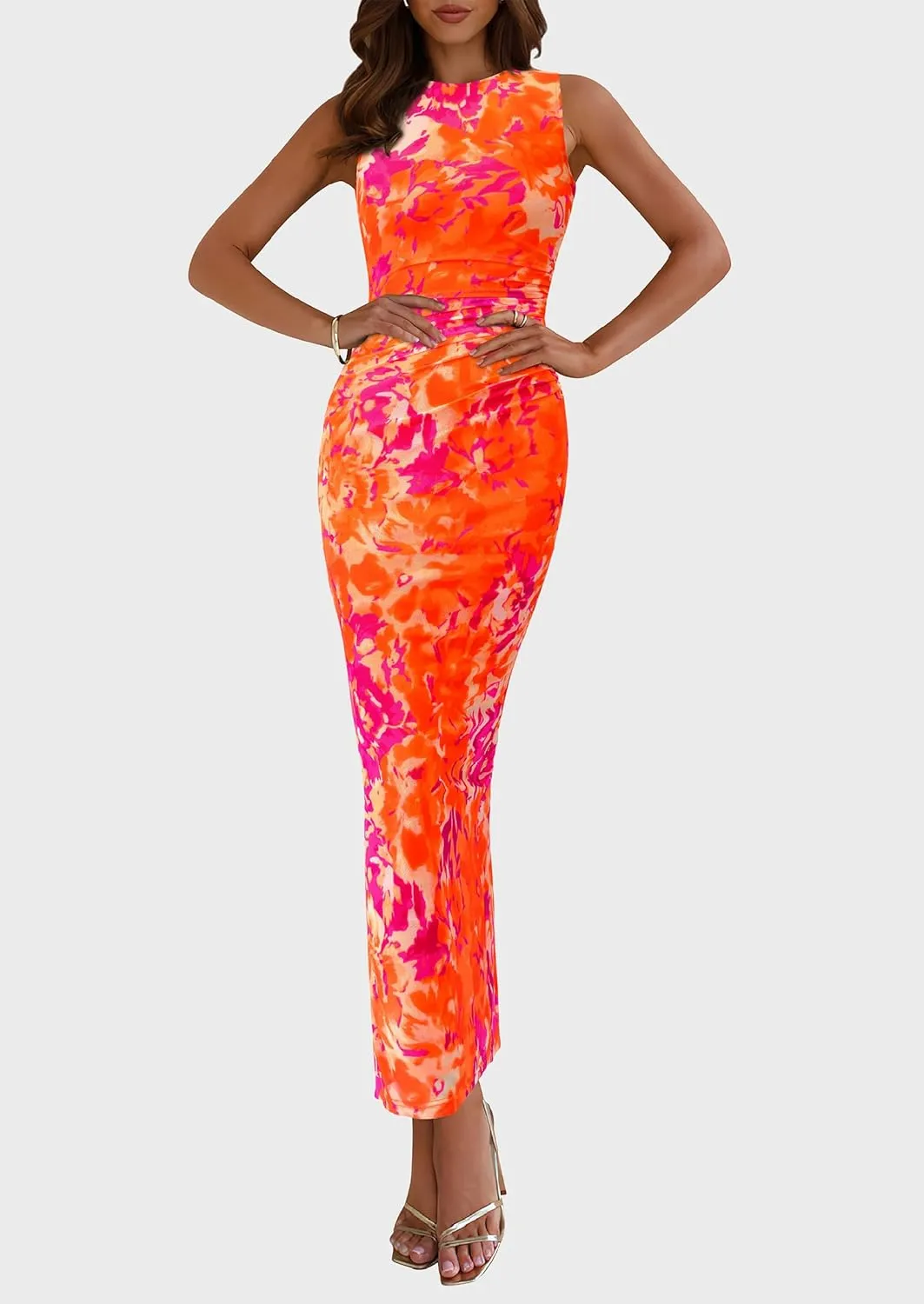 PRETTYGARDEN Wedding Guest Dresses for Women 2025 Summer Spring Floral Bodycon Sleeveless Mesh Maxi Long Dress