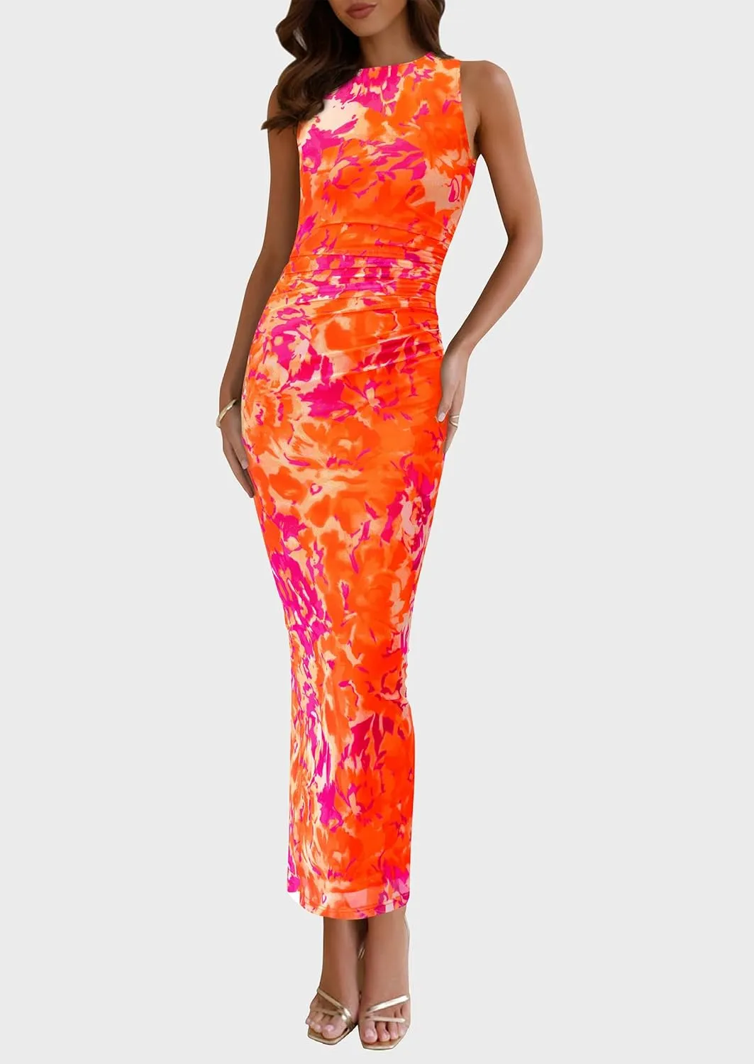 PRETTYGARDEN Wedding Guest Dresses for Women 2025 Summer Spring Floral Bodycon Sleeveless Mesh Maxi Long Dress
