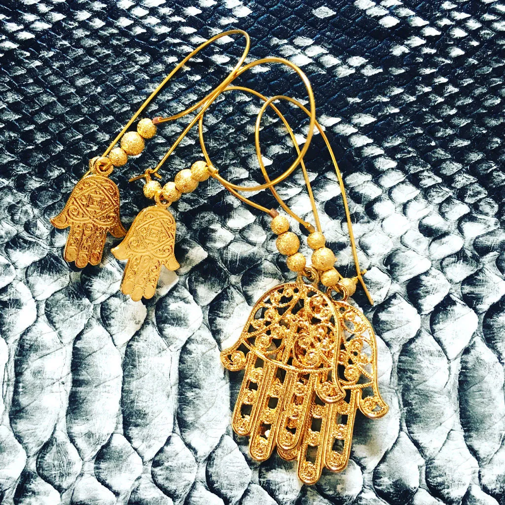 Small Deco Hamsa Hand Charm Hoop Earrings