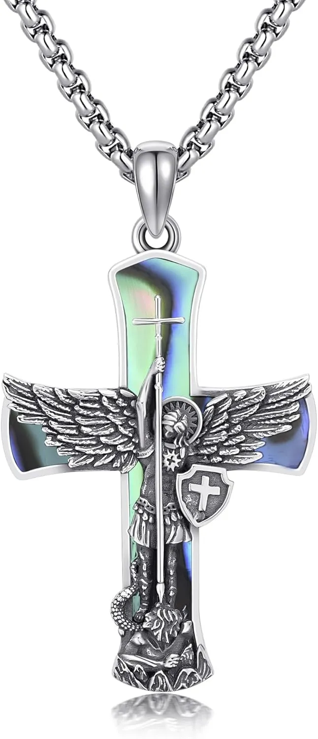 St Michael/Crucifix/Four Way Cross/Celtic Cross Necklace for Men Sterling Silver Obsidian Malachite Saint Necklace for Men Saint Michael Jewelry for Men
