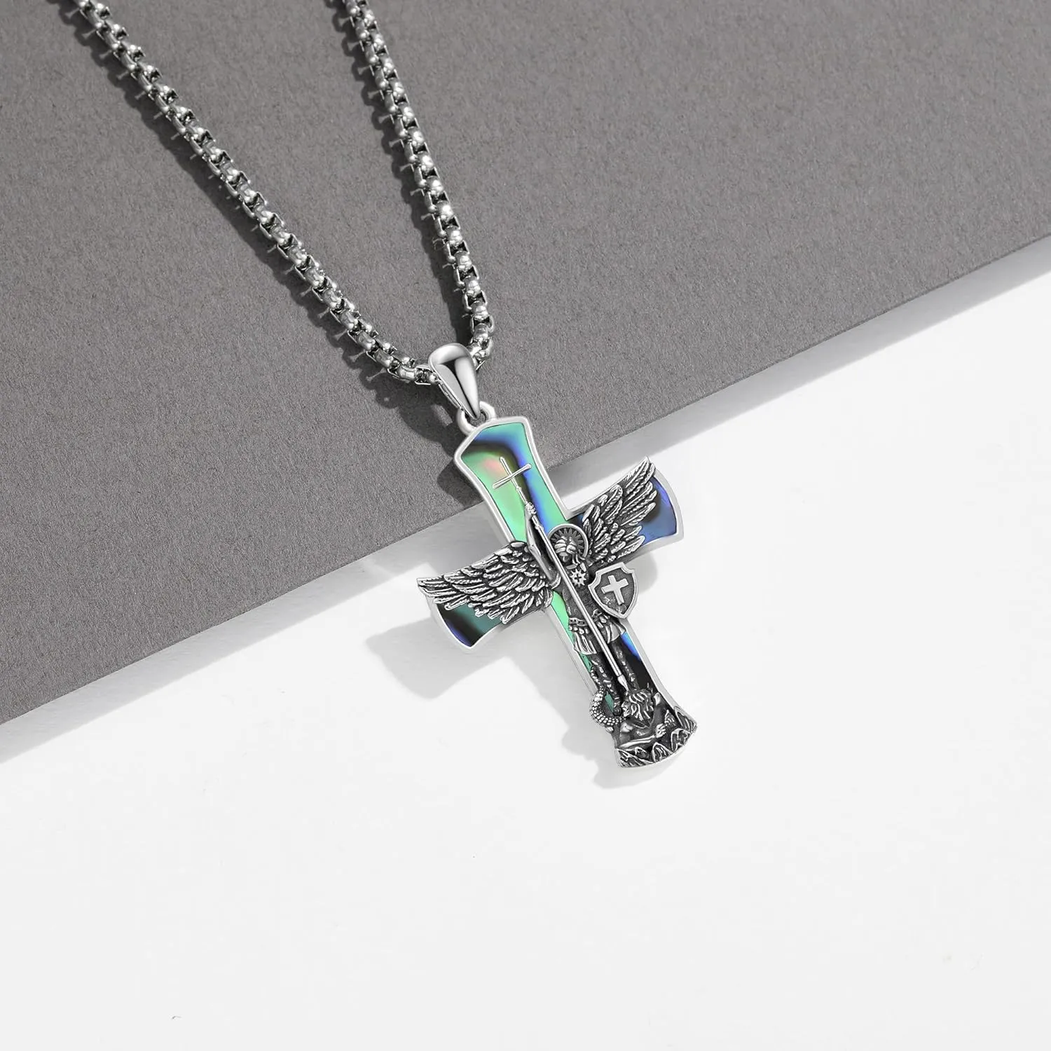 St Michael/Crucifix/Four Way Cross/Celtic Cross Necklace for Men Sterling Silver Obsidian Malachite Saint Necklace for Men Saint Michael Jewelry for Men