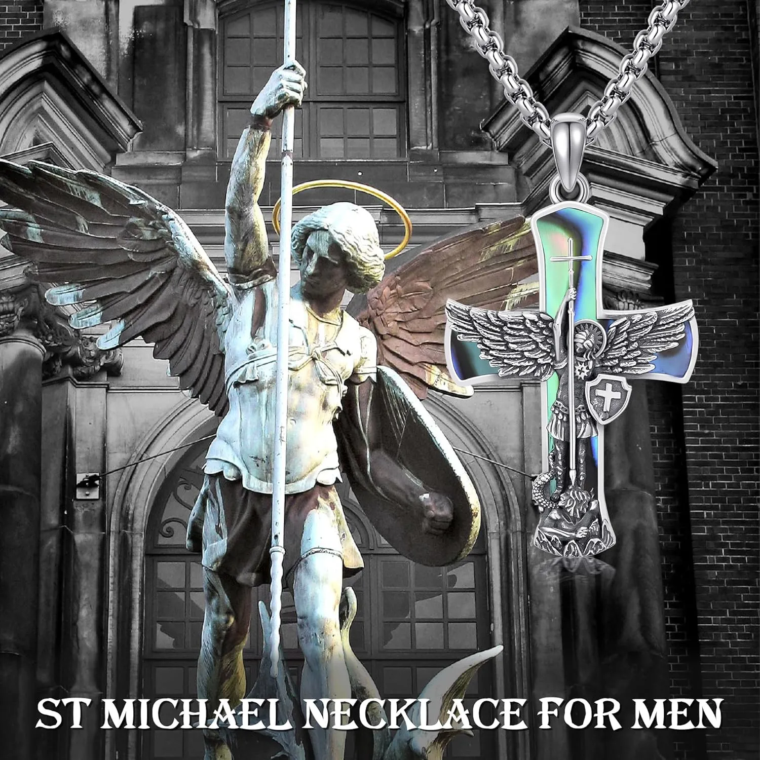 St Michael/Crucifix/Four Way Cross/Celtic Cross Necklace for Men Sterling Silver Obsidian Malachite Saint Necklace for Men Saint Michael Jewelry for Men