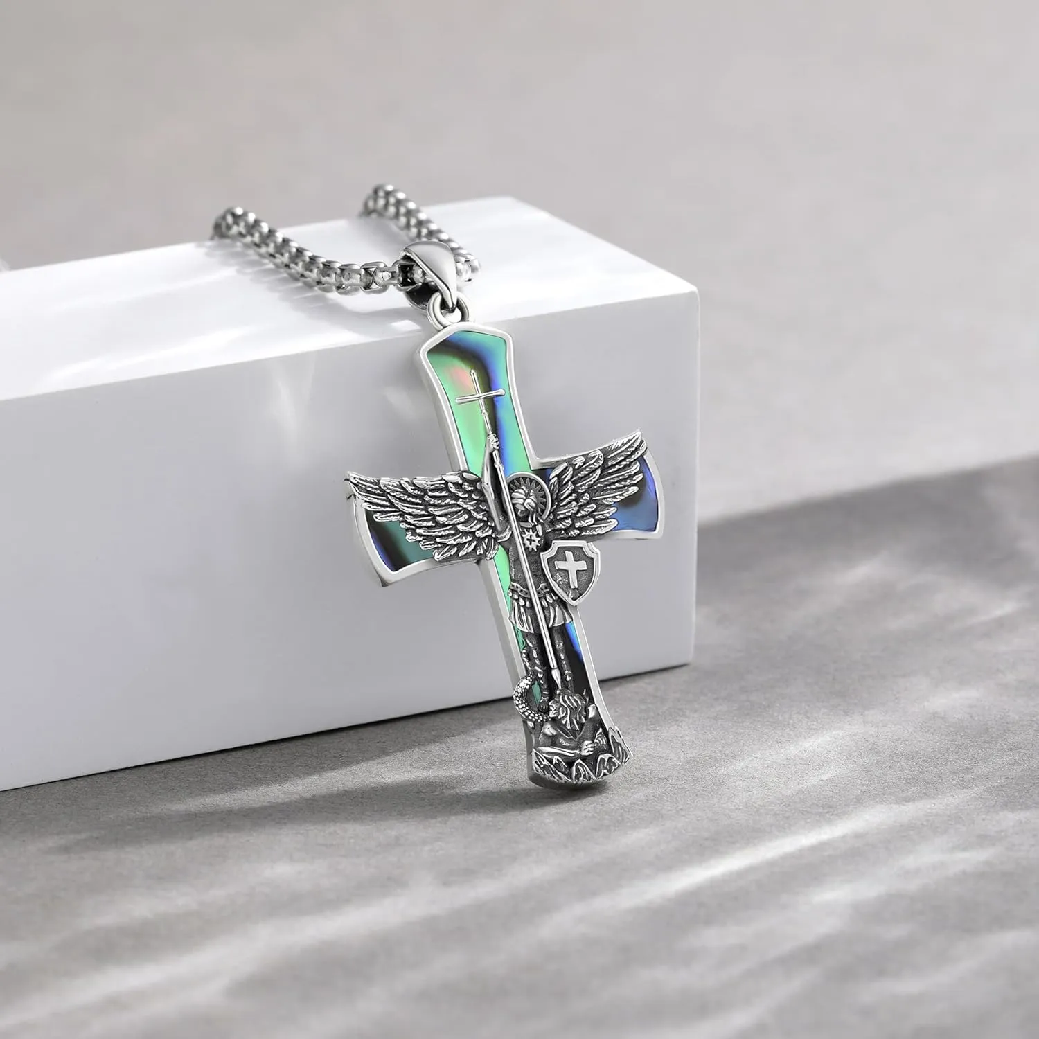 St Michael/Crucifix/Four Way Cross/Celtic Cross Necklace for Men Sterling Silver Obsidian Malachite Saint Necklace for Men Saint Michael Jewelry for Men