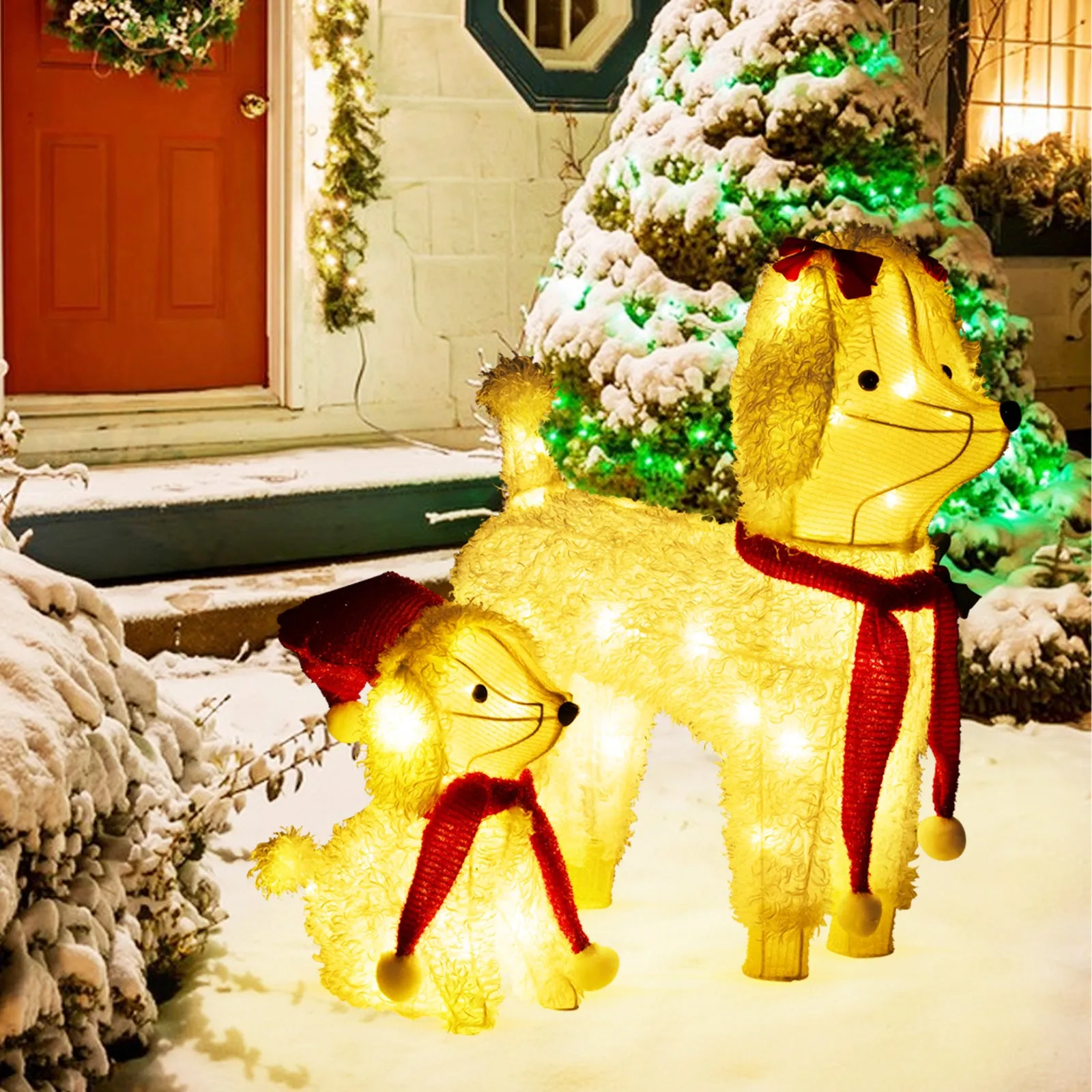 Tangkula 2-Piece Christmas Lighted Dogs, 3D Xmas Light-up Cute Poodle with 60 LED Lights, Red Scarves