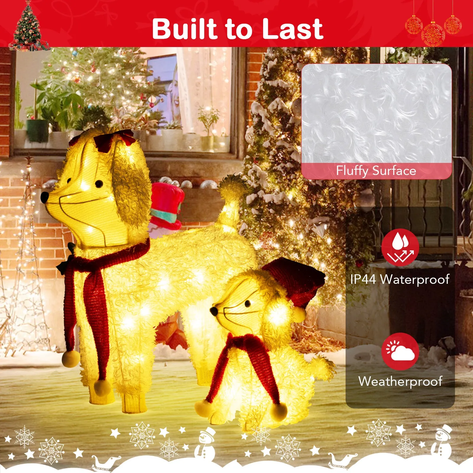 Tangkula 2-Piece Christmas Lighted Dogs, 3D Xmas Light-up Cute Poodle with 60 LED Lights, Red Scarves