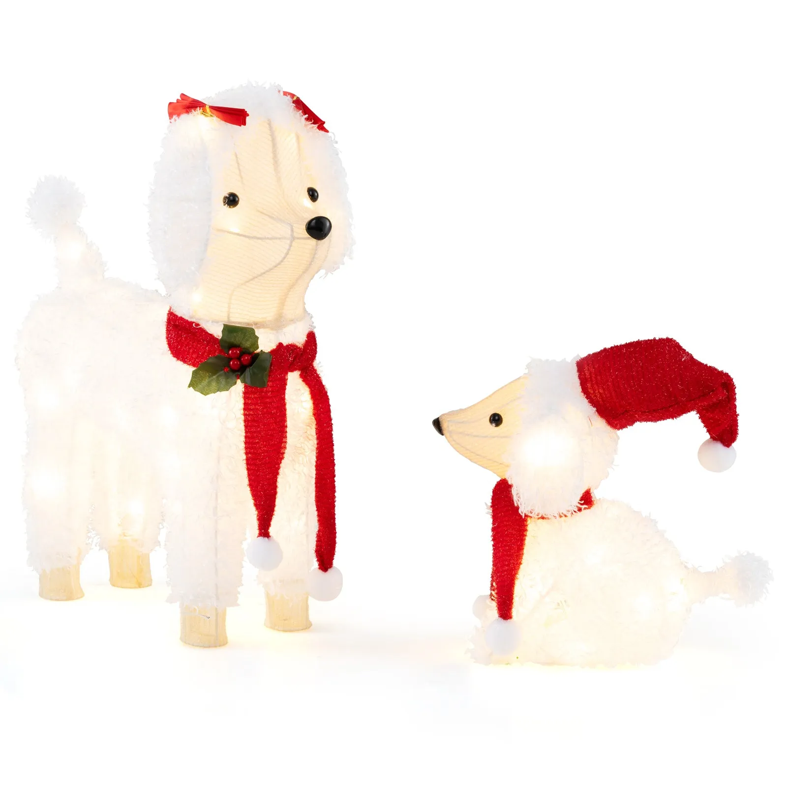 Tangkula 2-Piece Christmas Lighted Dogs, 3D Xmas Light-up Cute Poodle with 60 LED Lights, Red Scarves