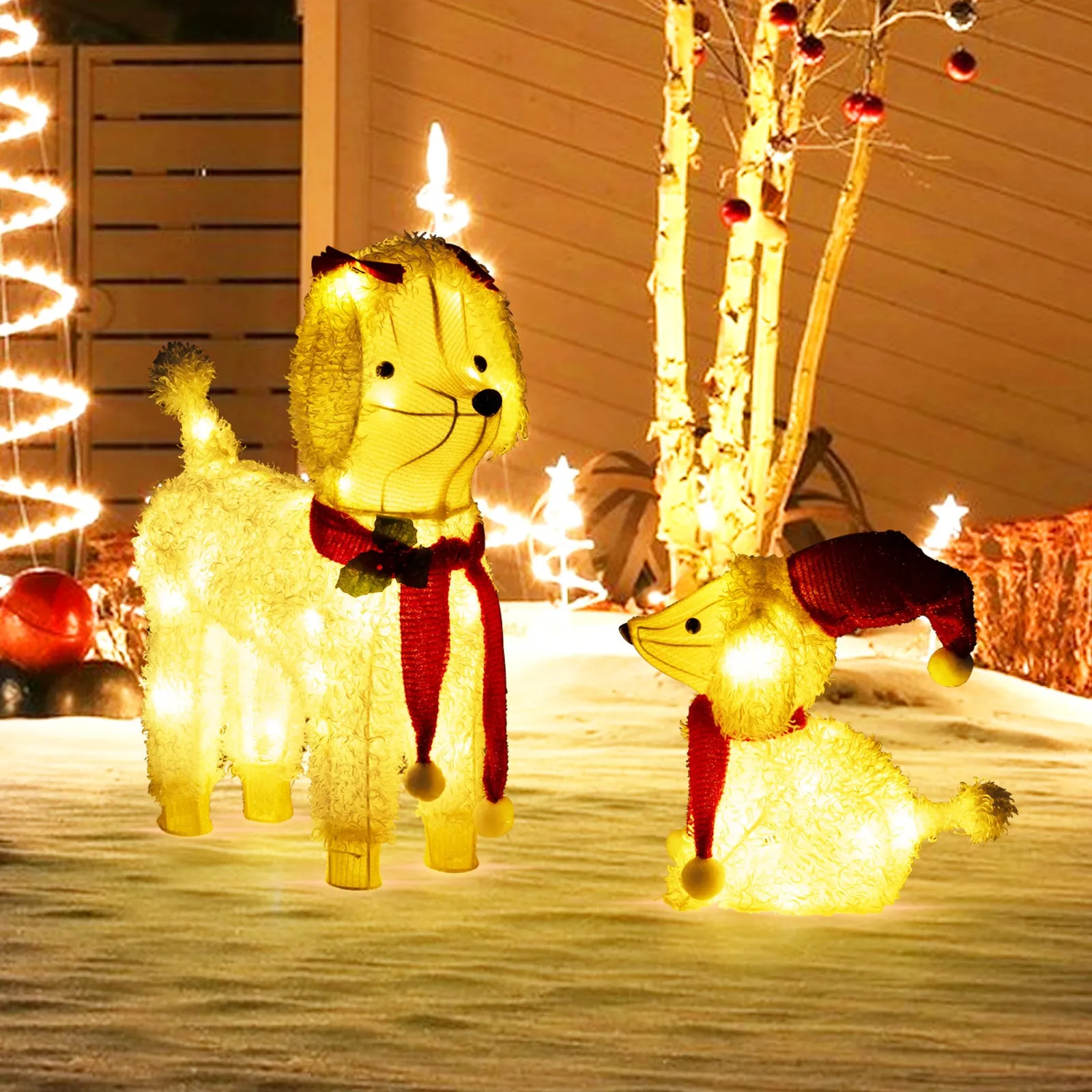 Tangkula 2-Piece Christmas Lighted Dogs, 3D Xmas Light-up Cute Poodle with 60 LED Lights, Red Scarves