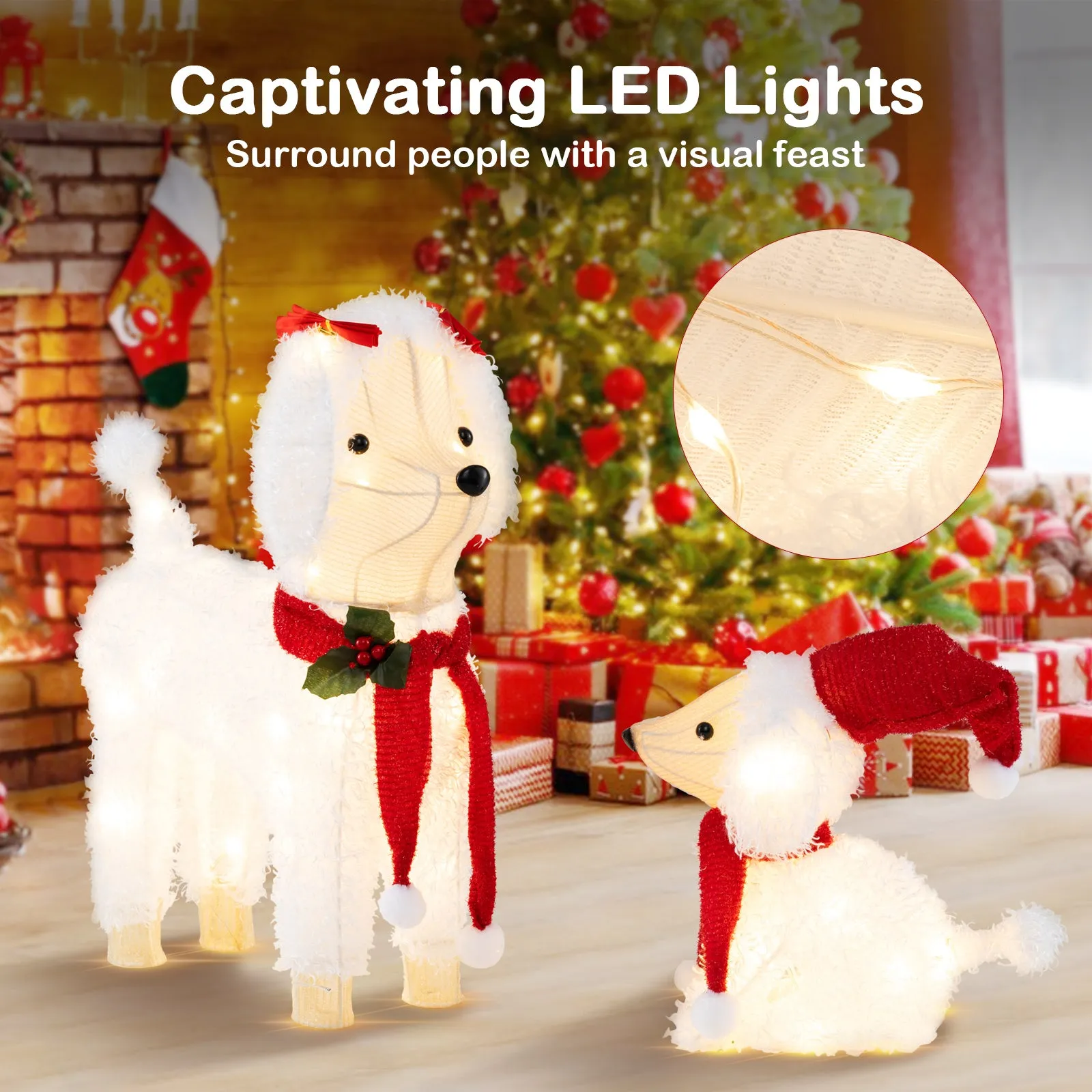 Tangkula 2-Piece Christmas Lighted Dogs, 3D Xmas Light-up Cute Poodle with 60 LED Lights, Red Scarves