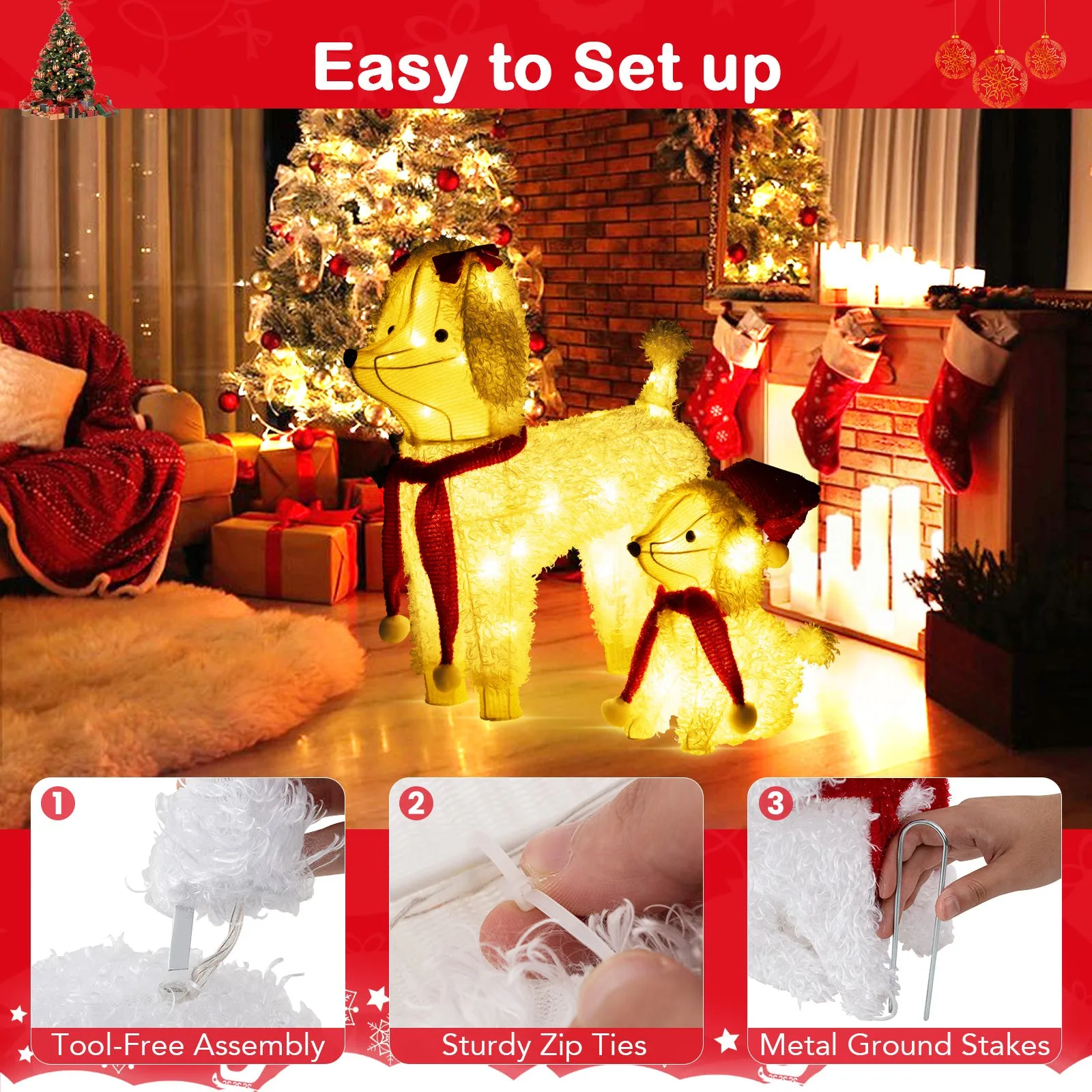 Tangkula 2-Piece Christmas Lighted Dogs, 3D Xmas Light-up Cute Poodle with 60 LED Lights, Red Scarves