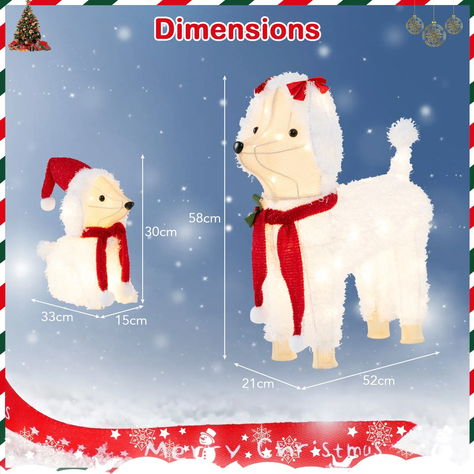 Tangkula 2-Piece Christmas Lighted Dogs, 3D Xmas Light-up Cute Poodle with 60 LED Lights, Red Scarves
