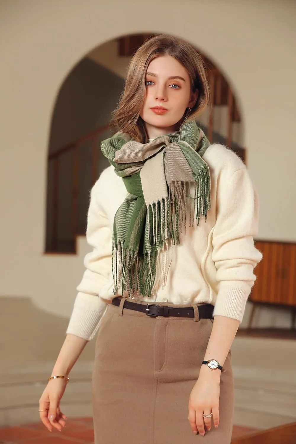 Wander Agio Women's Fashion Scarves Long Cashmere Like Shawl Winter Warm Knit Large Tassel Plaid Scarf