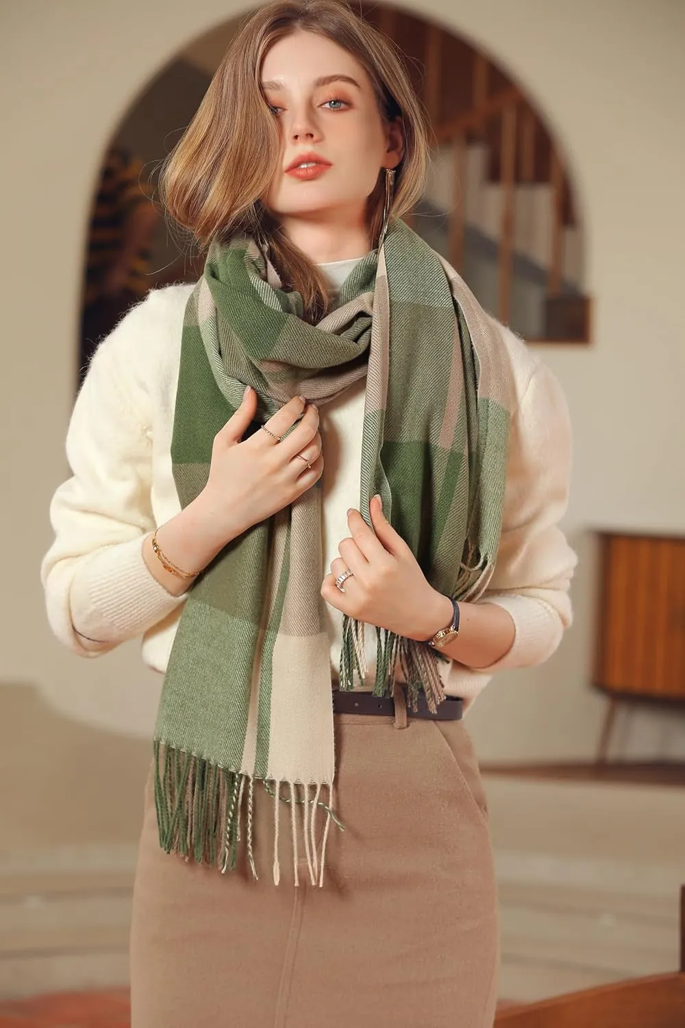 Wander Agio Women's Fashion Scarves Long Cashmere Like Shawl Winter Warm Knit Large Tassel Plaid Scarf