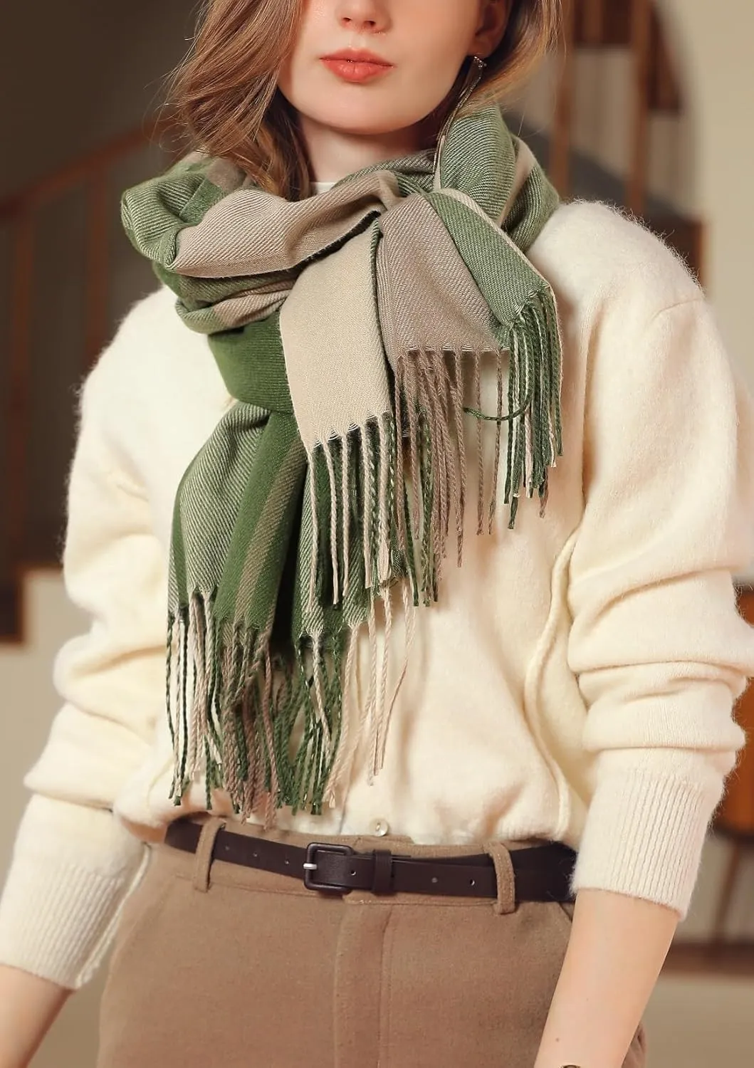 Wander Agio Women's Fashion Scarves Long Cashmere Like Shawl Winter Warm Knit Large Tassel Plaid Scarf
