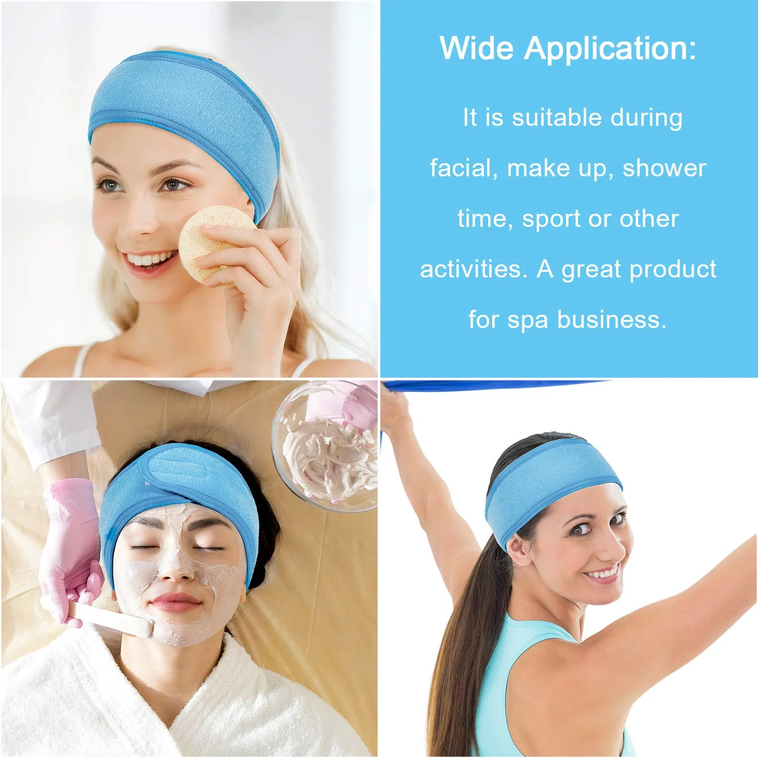 Whaline 4 PCS Spa Headband, Make up Hair Band, Stretch Terry Cloth Headband for Sport Yoga Shower (Blue)