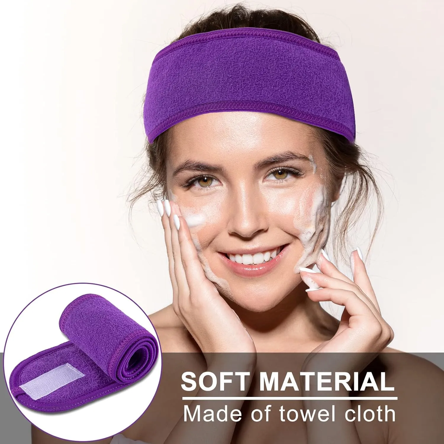 Whaline Spa Facial Headband Make Up Wrap Head Terry Cloth Headband Adjustable Towel Band for Face Washing Shower Facial Cover, 3 Pieces (White, Purple, Dark Purple)