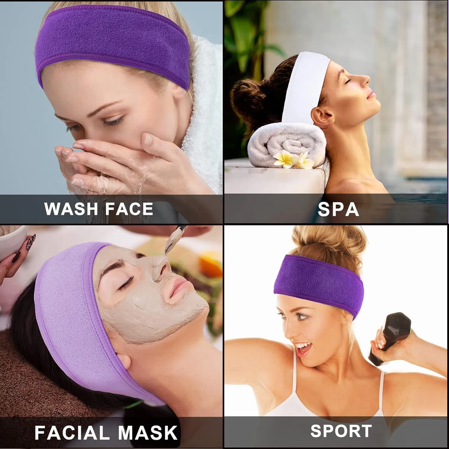 Whaline Spa Facial Headband Make Up Wrap Head Terry Cloth Headband Adjustable Towel Band for Face Washing Shower Facial Cover, 3 Pieces (White, Purple, Dark Purple)