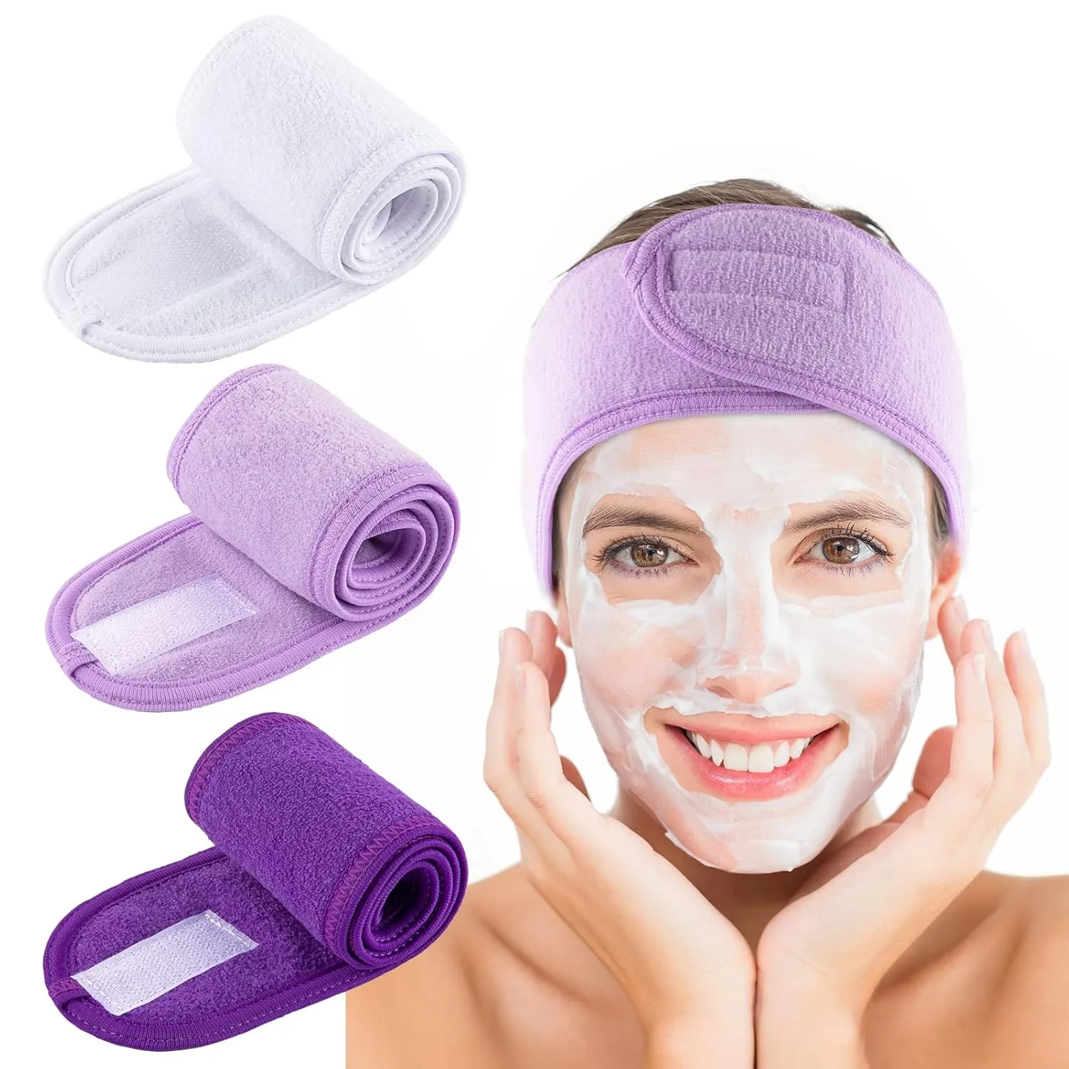 Whaline Spa Facial Headband Make Up Wrap Head Terry Cloth Headband Adjustable Towel Band for Face Washing Shower Facial Cover, 3 Pieces (White, Purple, Dark Purple)