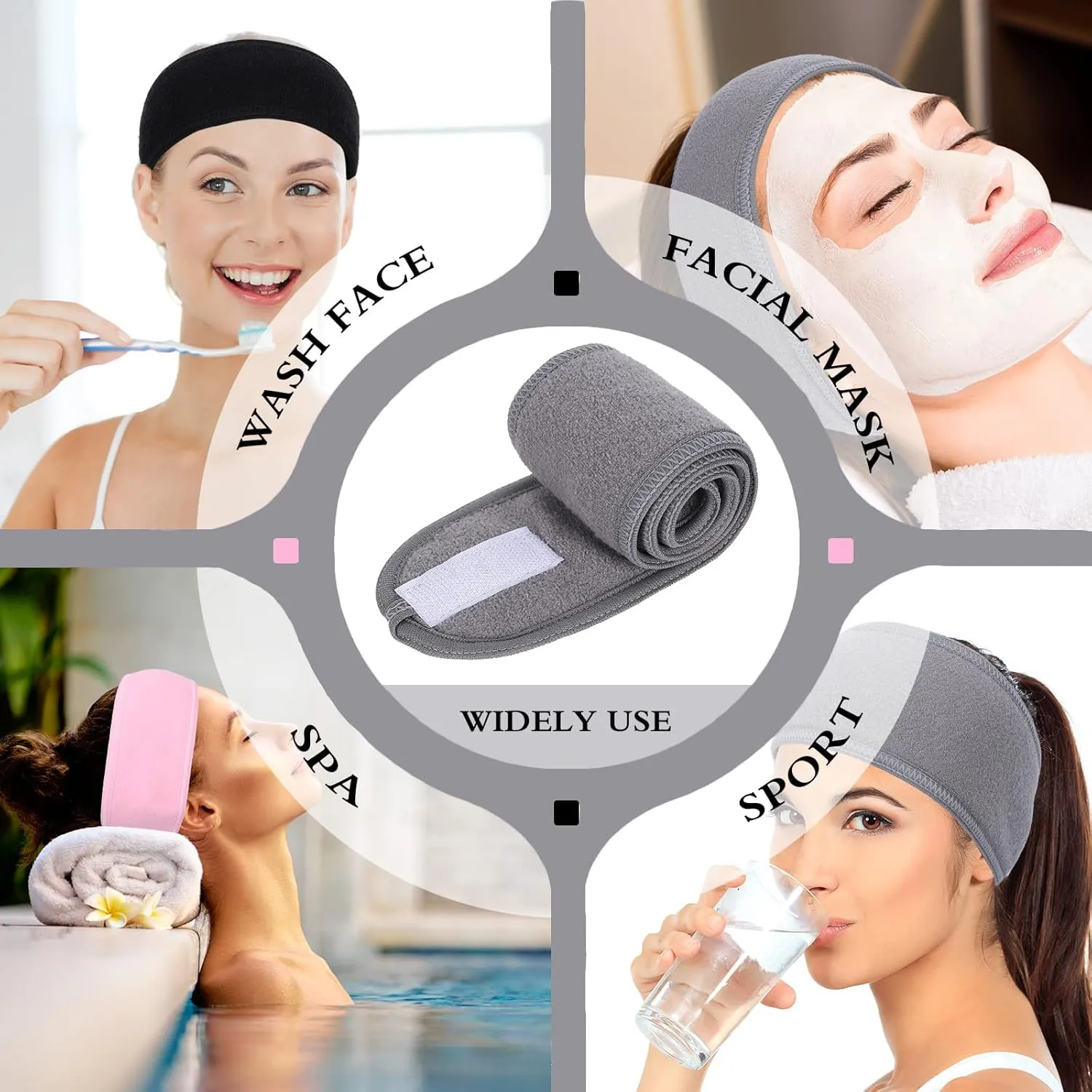Whaline Spa Facial Headbands 3 Pieces Make Up Wrap Head Terry Cloth Headband Soft Adjustable Towel Band for Face Washing Shower Facial Cover Yoga(Black, Pink, Gray)