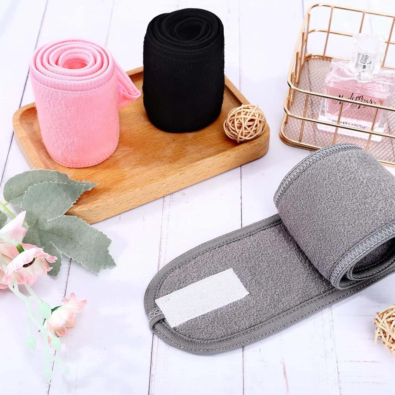 Whaline Spa Facial Headbands 3 Pieces Make Up Wrap Head Terry Cloth Headband Soft Adjustable Towel Band for Face Washing Shower Facial Cover Yoga(Black, Pink, Gray)